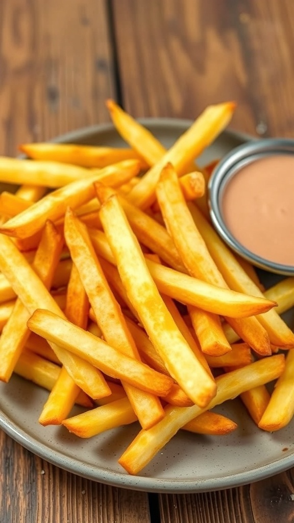 Crispy Paleo Air Fryer French Fries Recipe Crispy air fryer French fries served with dipping sauce on a rustic table.